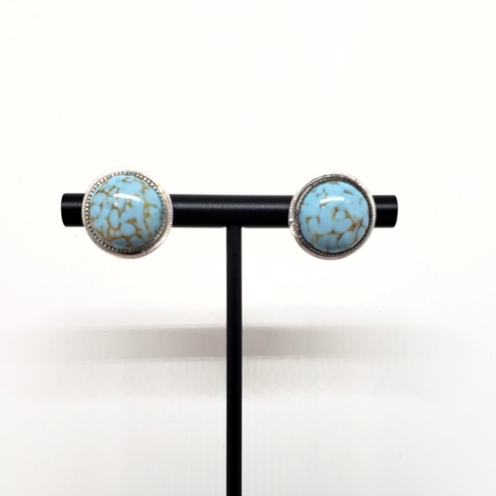 Vintage Blue Turquoise Silver Round Stud Earrings - Picture 4 of 7